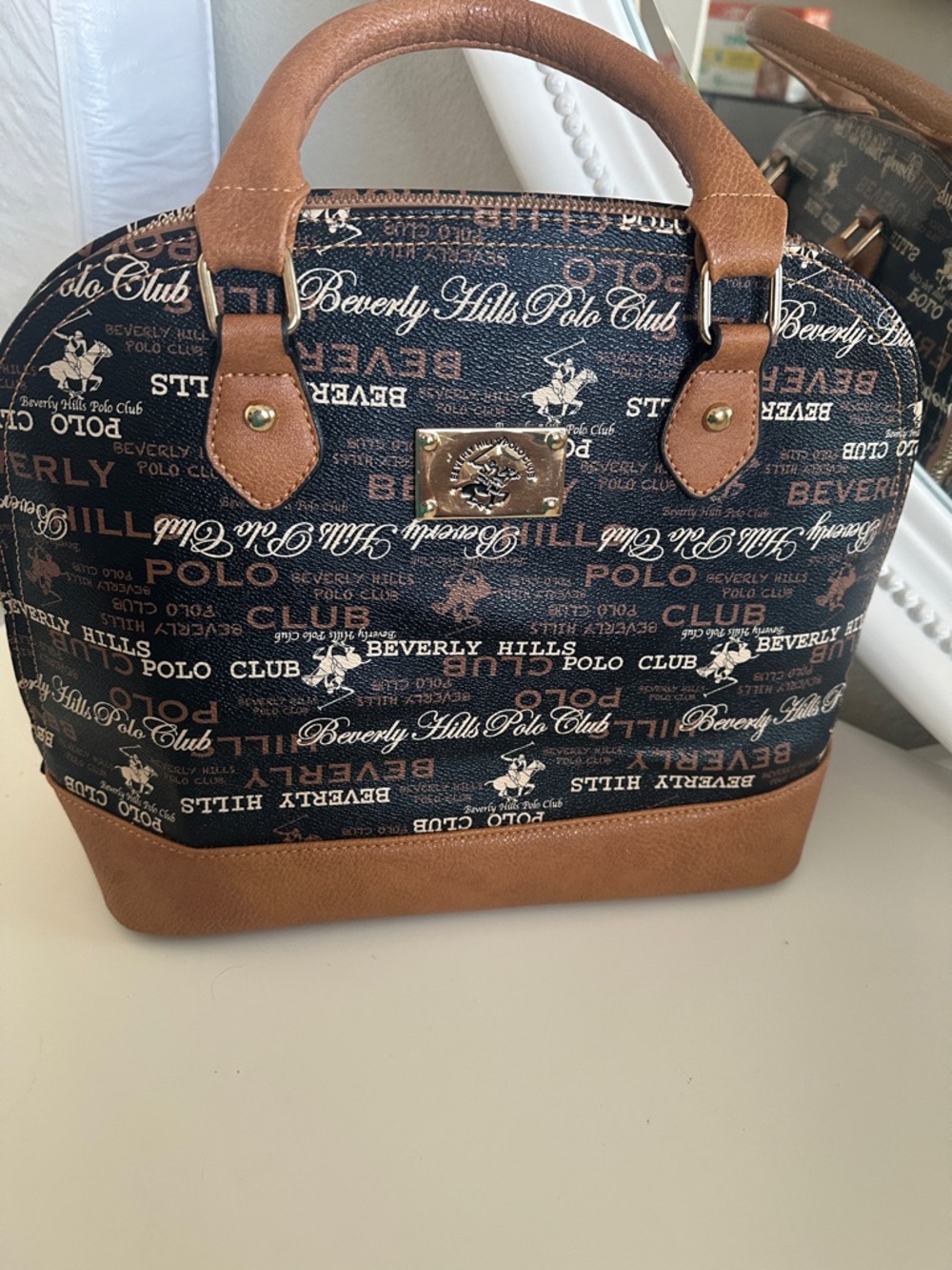 Beverly Hills Polo Club Brown Logo Print Dome Satchel with Tan Trim